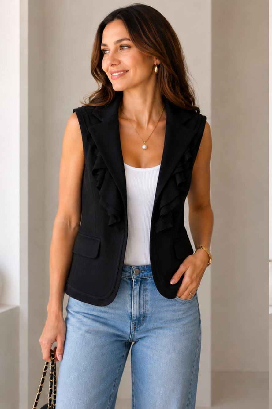 Alice + Olivia Black Cascading Ruffle Notched Lapels Sleeveless Tailored Vest XS